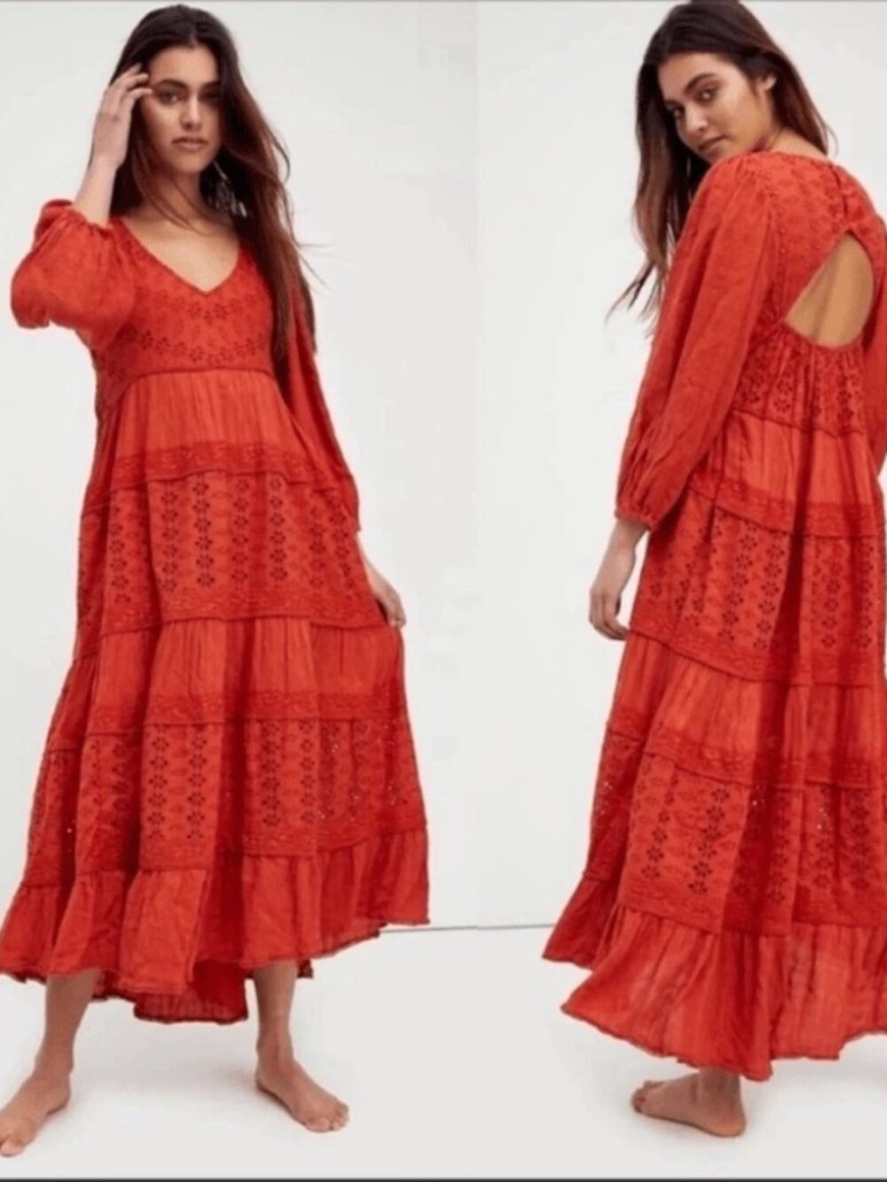 Free People Mockingbird Maxi Orange Dress Boho Backless Size L